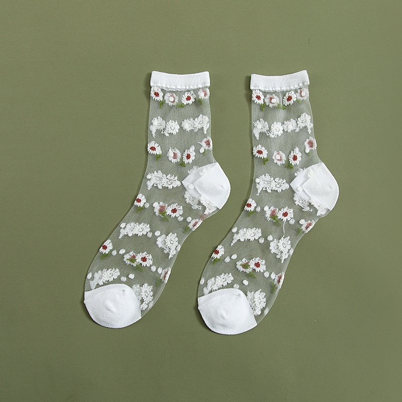 Crystal Glass Silk Socks Summer Thin Nordic Style Small Floral Retro Silk Stockings Sweet Ins Tide Ankle Ankle Stockings
